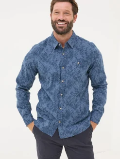 Blue Long Sleeve Leaf Print 100% Cotton Shirt
