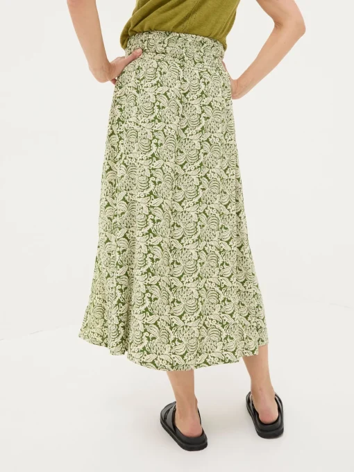 Sascha Green Damask Floral Midi Skirt