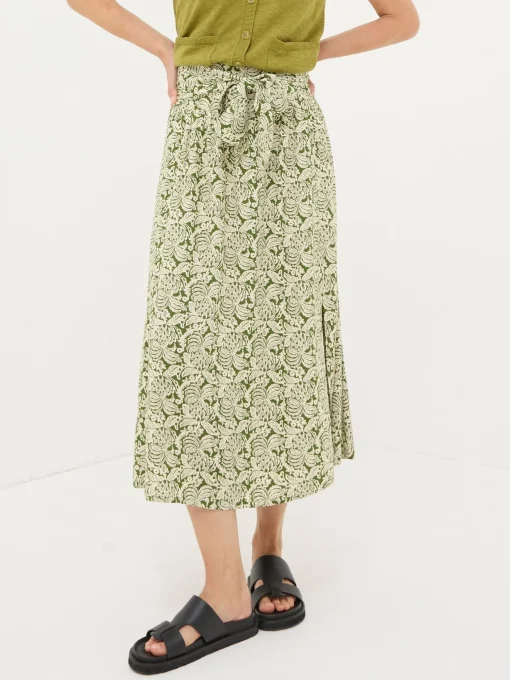 Sascha Green Damask Floral Midi Skirt