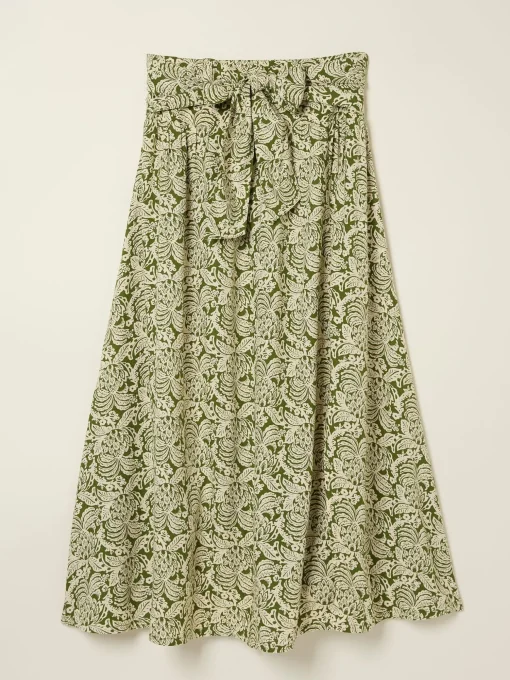 Sascha Green Damask Floral Midi Skirt